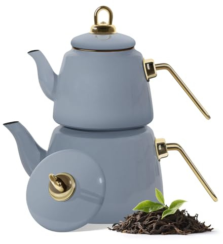 Homelux Set di teiera, bollitore a induzione, in smalto, adatto a induzione, 2 l + 1 l, teiera turca, Caydanlik, azzurro