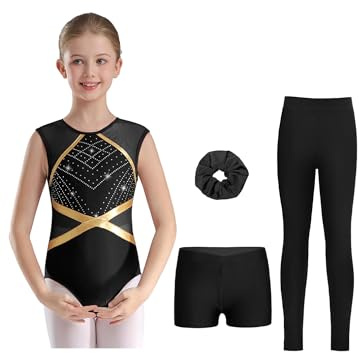 MSemis Body Danza Classica Bambina Ginnastica Artistica Balletto Leotards con Pantaloncini Leggings Sportivi e Fascia Capelli Completo da Pattinaggio Artistico 4 Pezzi Nero 11-12 anni