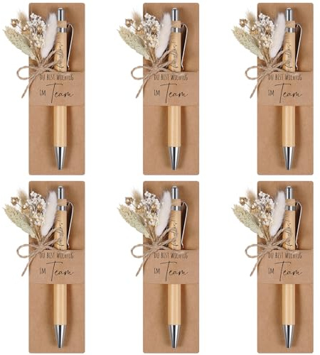 Hestya Cadeaux de Remerciement Stylos à Bille en Bois Porte-Stylos en Papier Fleurs Séchées Cadeaux de Remerciement Cadeau d'Adieu(6 Sets,Du bist wichtig im Team)