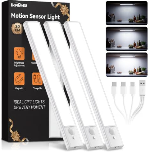 30CM Rechargeable Under Cabinet Kitchen Lights with Motion Sensor, 3 Pack | Dimmable Cabinet Light USB-C Charging, Magnetic Stick Wireless Light for Shelf Stairs Wardrobe Closet
