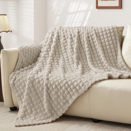 BEDELITE Fluffy Fleece Throw Blanket, Linen Beige, 125x150cm | Checkered Design, Soft Cosy Warm, For Single Bed & Sofa, Gift for Women