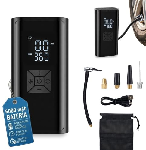 Hinchador Ruedas Coche Electrico Con Bateria 6000 Mah- Compresor Aire Portatil 150 Psi - Medidor Presion Neumaticos Para Coche, Bicicleta, Motocicleta Y Balones