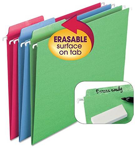 Smead Erasable FasTab Hanging File Folder, 1/3-Cut Built-in Tab, Letter Size, Assorted Primary Colors, 18 per Box (64031), Primary Color Assortment