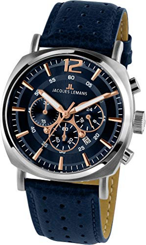 JACQUES LEMANS Herrenuhr Lugano Lederarmband massiv Edelstahl Chronograph 1-1645.1I