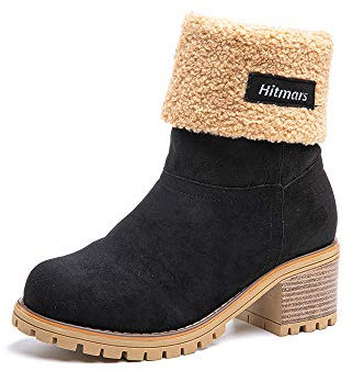 Hitmars Winterstiefel Damen Kurzschaft Stiefel Mit Absatz 6CM Stiefeletten Warme Gefüttert Schlüpfen Winterboots Frauen Boots Wildleder Elegant Schwarz EU 38