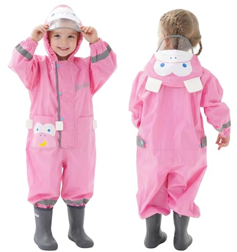 JinBei Raincoat Puddle Suit for Kids Girls Waterproof Suit All in One Lightweight Hooded Portable Breathable Easy to Dry Rainsuit Rainwear for Children Girls 3-4 Years, Pink Monkey Print