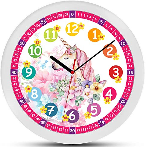 K&L Wall Art rosa Kinder Wanduhr für Mädchen lautlose Einhorn Prinzessin Lernuhr 30cm groß Blumen Kinderuhr Lernzifferblatt 30cm