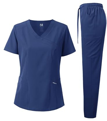 Dagacci Medical Uniform Women's Scrub Set 4-Way Stretch Y-Neck Stitch Tape Top and Pants (Navy Blue, X-Large)
