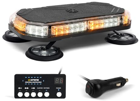 Xprite White Amber Rooftop Emergency Strobe Light Bar, Beacon Safety Flashing Warnin Lights w/Control Panel Magnetic Base for Construction Trucks Plows Postal Security Cars
