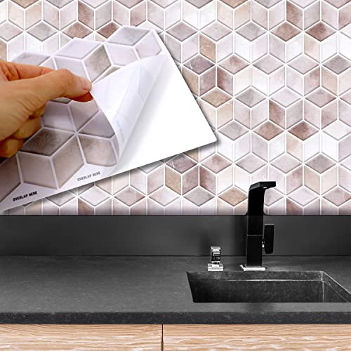 WALPLUS 12pcs 30.5x15.4cm Cream Stone Hexacube Wall Tile Beige Peel and Stick Backsplash Decals Home Decors Splashback for Kitchen Bathroom Tiles Paint on Wall Living Room Bedroom Decorations Gift
