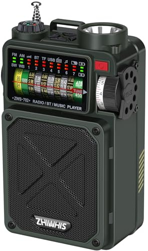 ZHIWHIS Shortwave Radio with Bluetooth, AM/FM/SW/WB Emergency Radios with NOAA Alerts, Hand Crank/Solar/4000mAh/White Noise/SOS/Bass/Rechargeable Retro Receiver with Preset, Support USB/TF ZWS-702