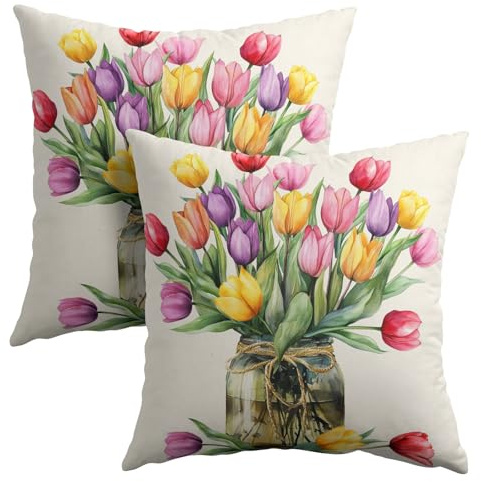 Anyako Juego de 2 fundas de almohada de flores coloridas para primavera y verano, 45,7 x 45,7 cm, diseño de tulipán, floral, para tarro de masón, fundas de cojín cuadradas de lino y algodón para el
