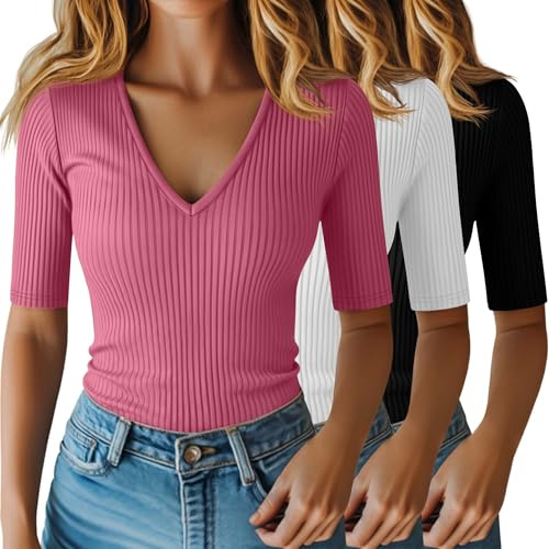 Riyiper 3 Pack Womens Half Sleeve V Neck Ribbed Tops | Elbow Sleeve Length Shirts, Ladies 95% Cotton Blend Casual Tees, Slim Fit Basic Undershirts, Soft and Lightweight for Summer