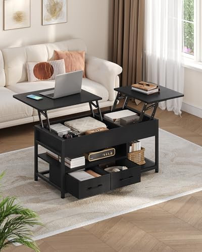 Couchtisch Höhenverstellbar, Couchtisch mit Stauraum, 2 Schubladen, Wohnzimmertisch, Versteckte Fächer, Kaffeetisch, Offenes Fach, für Wohnzimmer, Büro, Schwarz