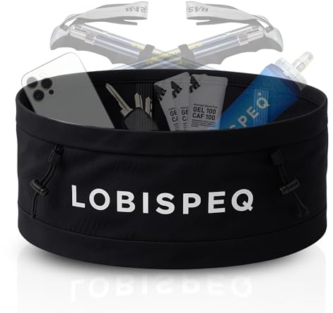LOBISPEQ Cintura da corsa compressiva + porta dorsale + porta bastoni + tasca singola a 360° | Marsupio Running, Trail Running o Escursionismo per allenamenti e corse di grande capacità, Nero , L