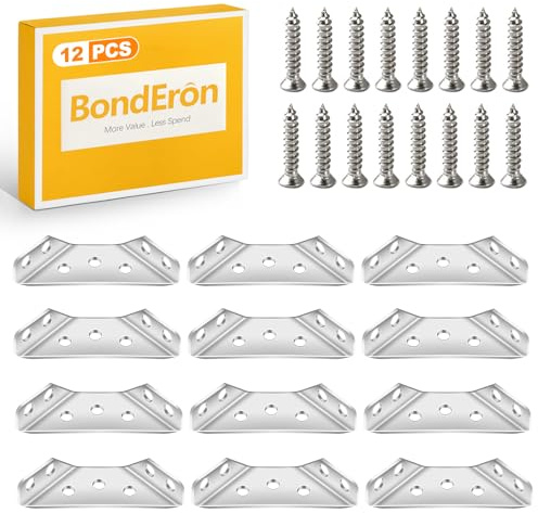 BondEron 12 stycken hörnkontakter rostfritt stål, hörnvinkelmetall som robust triangelstöd med skruvar, universella möbler, hörnanslutning för möbeltillverkning, trähyllor, sängvinkel, skåp, rostfri