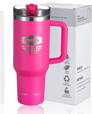 NOORZA Bicchiere Termico 40 Oz (1,18 L) con Manico –Tazza in Acciaio Inossidabile a Doppia Parete senza BPA –Mantiene le bevande fredde o calde per ore –Con Cannuccia e Coperchio Ermetico –Rosa Caldo
