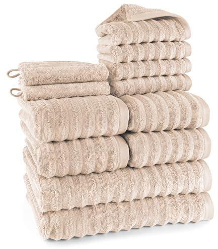 Pure Label 12-TLG. Handtücher Set aus 100% Baumwolle, saugstark und weich - 2X Badetuch (70x140cm) 4X Handtuch (50x100cm) 4X Gästetuch (30x50cm) 2X Waschlappen (16x21cm), Beige