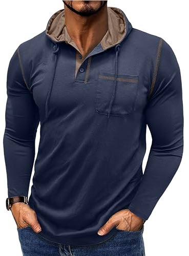Halfword Sweat à Capuche Homme - Manches Longues Col à Boutons Coupe Cintrée - Sportswear Décontracté Bleu Foncé M