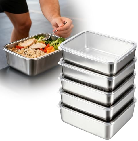 Paquete de 5 cajas de alimentos de acero inoxidable para nevera, 18 x 12,8 x 5, recipientes congeladores de acero inoxidable con tapa, recipientes de almacenamiento de alimentos con tapa, caja