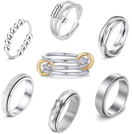 LOFITOR 7 stycken anti-stressringar i rostfritt stål för kvinnor och män - spinnerringar med CZ och sammanflätade mönster - avslappningsringsset
