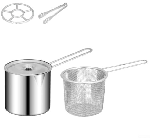 MeevrgR Poêle à frire en acier inoxydable avec poignée en bois pour cuire les nouilles et le lait bouillant, compatible avec les cuisinières à gaz, induction, halogènes, comprend un panier perforé