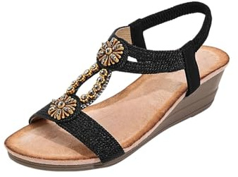 Générique Damsandaler med strass - damskor etnisk kompensationshalt sandaler tjock sula chic stadsskor vintage öppna tofflor lätta tofflor lediga promenader