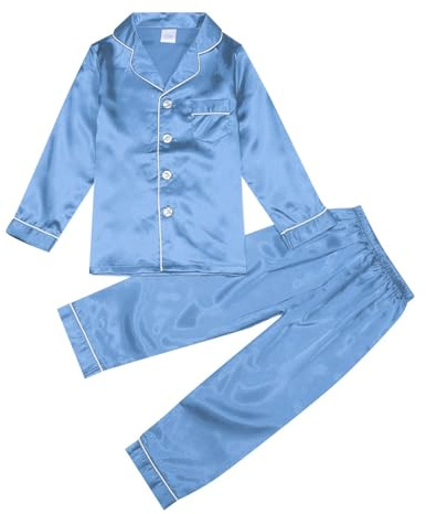 Generico Pigiama in raso di seta per bambina da bambino, set a maniche lunghe, camicia abbottonata, top, pantaloni, pigiama da notte in 2 pezzi per bambini