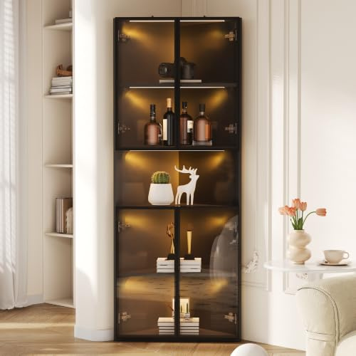 DACHETOU Vitrina triangular, armario de esquina negro con frontal de cristal, 62 x 32 x 160 cm, abierto, armario de exhibición para coleccionables, vasos, decoración