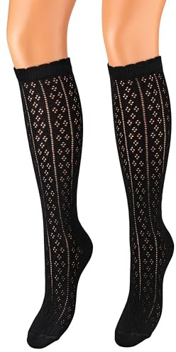 Piarini 39-42 1 Paar Dirndlstrümpfe Damen - lange Trachtenkniestrümpfe mit Häkellook - Trachtenstrümpfe aus Baumwolle lang schwarz
