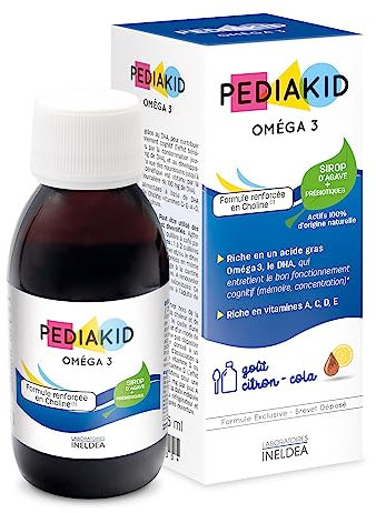 PEDIAKID - Sirop Oméga 3 - Complément Alimentaire Naturel - Formule Exclusive au Sirop d'Agave - Riche en DHA - Favorise le Bon Fonctionnement du Cerveau - Goût Citron-Cola - Flacon de 125 ml