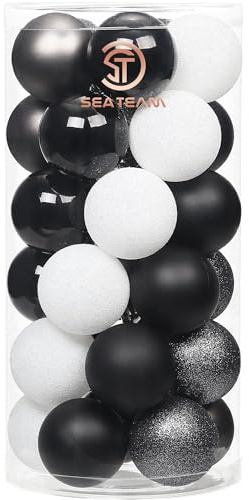 Sea Team - Bolas de Navidad de 60 mm adornadas con dibujos delicados y purpurina, juego de 30 bolas decorativas navideñas inastillables (blanco y negro)