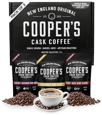 Wine Barrel Aged Coffee Gift Box Set, Sampler Roasted Coffee Costa Rica, Kenya, & Rwanda Beans Aged In Cabernet Sauvignon, Chardonnay, & Pinot Noir Wine Barrels, Medium Roast Whole Bean, 4 oz Bags, 12 oz Total