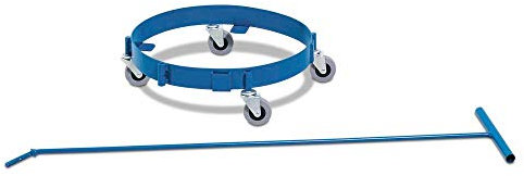 DENIOS Fassroller aus Stahl, pulverbeschichtet, blau, für 60 Liter Fässer, inklusive Zugstange zur ergonomischen Handhabung, 4 Lenkrollen, 4 stabile Haken zur Halterung