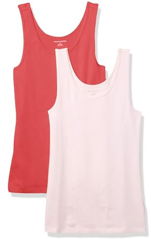 Amazon Essentials Women's Slim-Fit Ribbed Scoop Neck Tank Tops, Pack of 2, Coral Pink/Light Pink, Medium