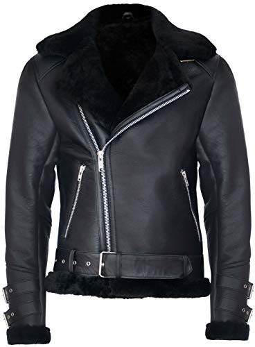 Infinity Leather Giacca in Pelle da Motociclista Nero in Shearling in Vera Pelle di Montone retrò RAF B3 Pilot da Uomo L