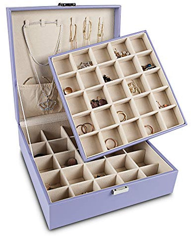 Frebeauty Portagioie classico per orecchini, 50 scomparti, a doppio strato, con 6 ganci per collane e tasca per braccialetti (viola)