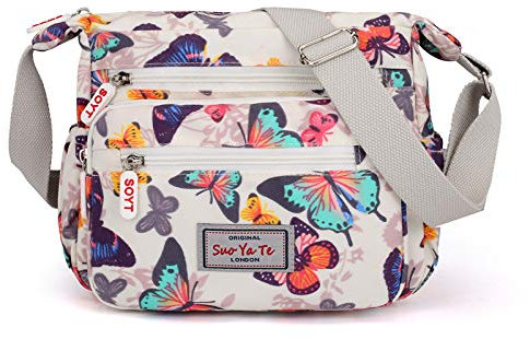 Womens Multi-Pocket Casual Crossbody Handbags Waterproof Flowral Printed Shoulder Nylon Bags Travel Messenger Bags (Butterfly-White)