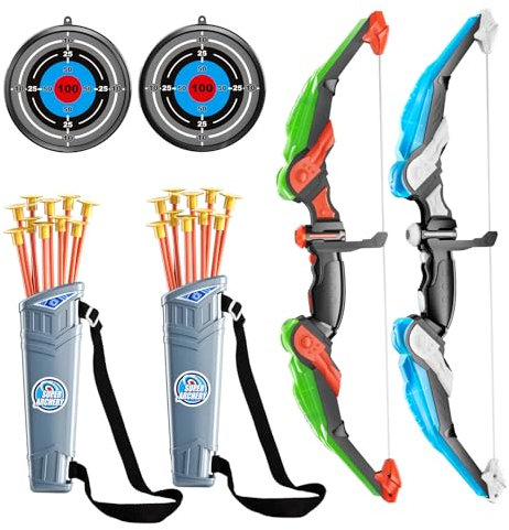 TEMI 2 Pack Set Kids Archery Bow Arrow Toy Set - Outdoor Hunting Play with 2 Bows, 20 Suction Cup Arrows, 2 Targets & 2 Quivers, LED Light Up Function, Outdoor Toys for Kids Boys Girls Ages 3-12