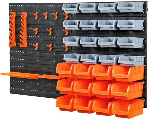 STARNINE 44 Piece Wall Mounted Pegboard Hook Storage Bins Wall Mounted Tool Storage Organiser Shed Garage Organiser Wall Mounted (44 Pcs)