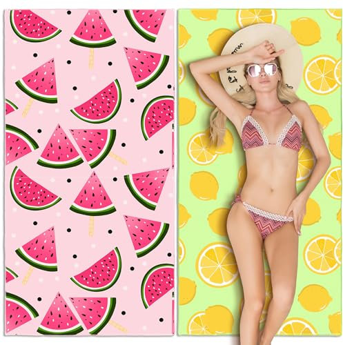 Lubibi Microfiber Beach Towel Set - Extra Large, Sand-Free, Lightweight Stylish Beach Towel, 2-Pack with Lemon and Watermelon Patterns, for Kids, Adults, Family, Travel, Gym and Pool(80 * 160cm)
