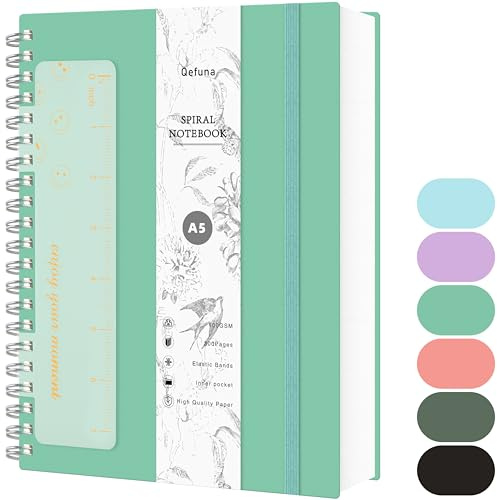 Qefuna Taccuino A5 Punteggiato,Bullet Dot Journal,Quaderno a spirale da 300 pagine,Carta resistente all'inchiostro 100 g/m²,Copertina rigida in PVC,con righello,Tasche espandibili,14,5x 21cm-Blu verde