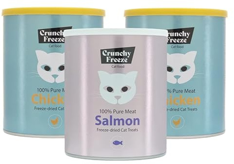 Crunchy Freeze Snack para Gatos - alimento liofilizado sin azúcar - Snack para la Salud Dental y el Bienestar (2X Pollo + 1x Salmón, 3 x 140 g)
