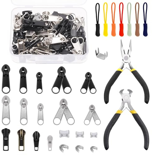 Glarks 144pcs Zipper Repair Kit - 62pcs Replacement Zippers, 70 Stops, 10 Pulls, 2 Pliers, Sliders & Fixers for Bags, Jackets