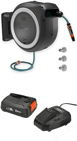 Gardena Battery-Powered Wall-Mounted Hose Box PowerRoll XL Including Start Set & Battery: Reel with 35m Garden Hose and Automatic roll-up, Hose Guide and RollControl.