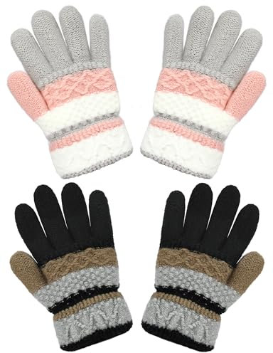 Becellen 2 Paar Handschuhe Kinder Winter, Vollfinger Warme Strickhandschuhe Thermo Bunte Stricken Fingerhandschuhe für Junge Mädchen 4-10 Jahre Alt
