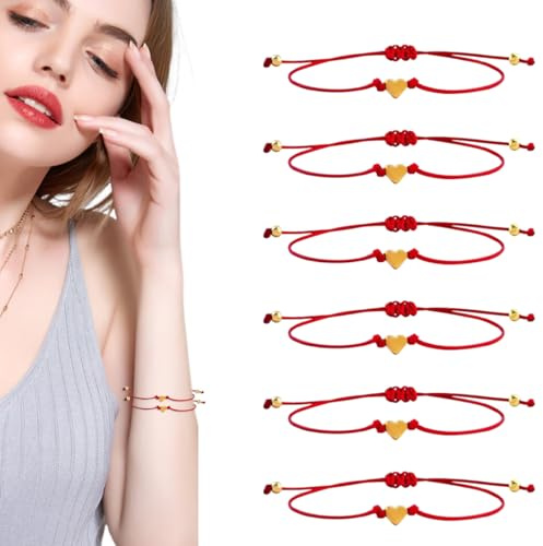 Paquete de 6 Pulseras de la Amistad, Pulsera de Cordón de la Suerte, Pulsera de Pareja Ajustable, Diseño de Corazón, Pulsera Tejida a Mano, Pulsera de la Amistad en Forma de Corazón para Niñas y Niños