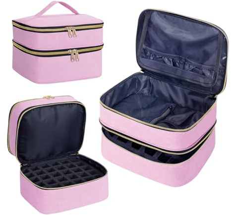 YAHOURWAT Nagellack organiseringsväska dubbla lager kapacitet bärbart reseförvaringsfodral rymmer 30 flaskor (15 ml/0,51 flyt) nageltillbehör hållare väska designad för kvinnors nagelverktyg, Rosa