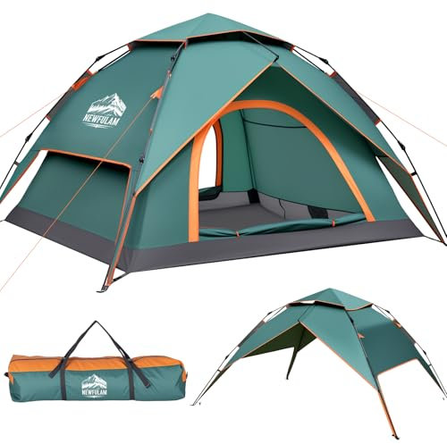 Newfulam Camping Zelt 2-4 Personen, 3S Auto Pop Up Zelt Wasserdicht Kuppelzelt Wurzelt Schnellaufbau mit 2 Mesh Türen UV Schutz, Winddicht für Camping Outdoor Trekking