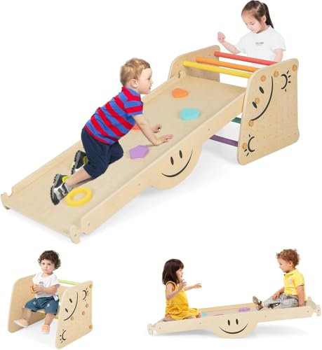 FANTASK Kletterdreieck mit Rutsche, 6 in 1 Klettergerüst Indoor, inkl. höhenverstellbarem Tritthocker und Wippe, Bunt